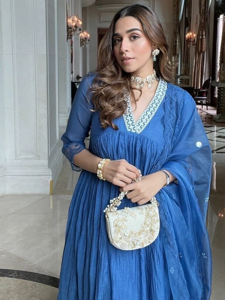 Blue Embroidered Chanderi Gathered Kurta with Cotton Pants - Photo 1