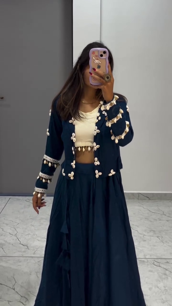 Navy Blue Shell Work Jacket Lehenga Set with Crop Top - Photo 1