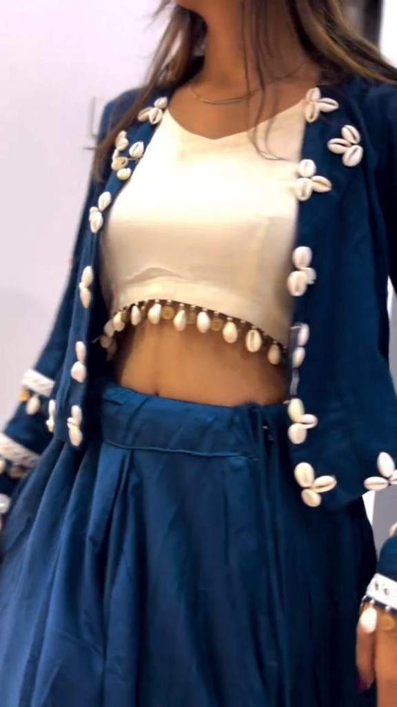Navy Blue Shell Work Jacket Lehenga Set with Crop Top - Photo 4
