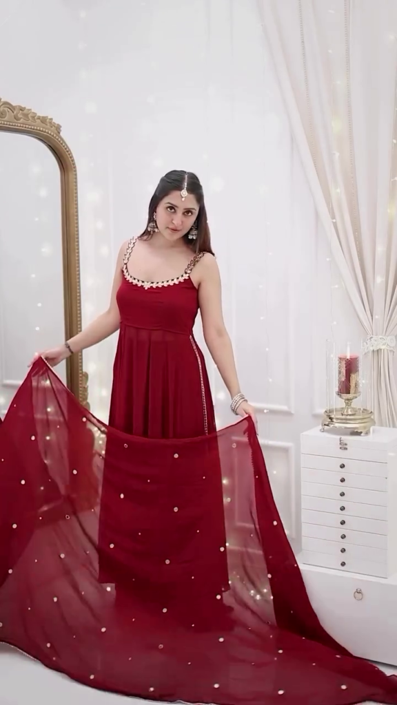 Maroon Mirror Work Flared Anarkali Gown Set with Dupatta - Photo 2
