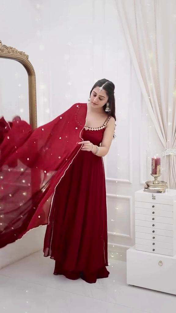 Maroon Mirror Work Flared Anarkali Gown Set with Dupatta - Photo 1