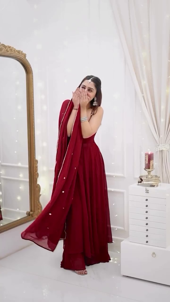 Maroon Mirror Work Flared Anarkali Gown Set with Dupatta - Photo 3