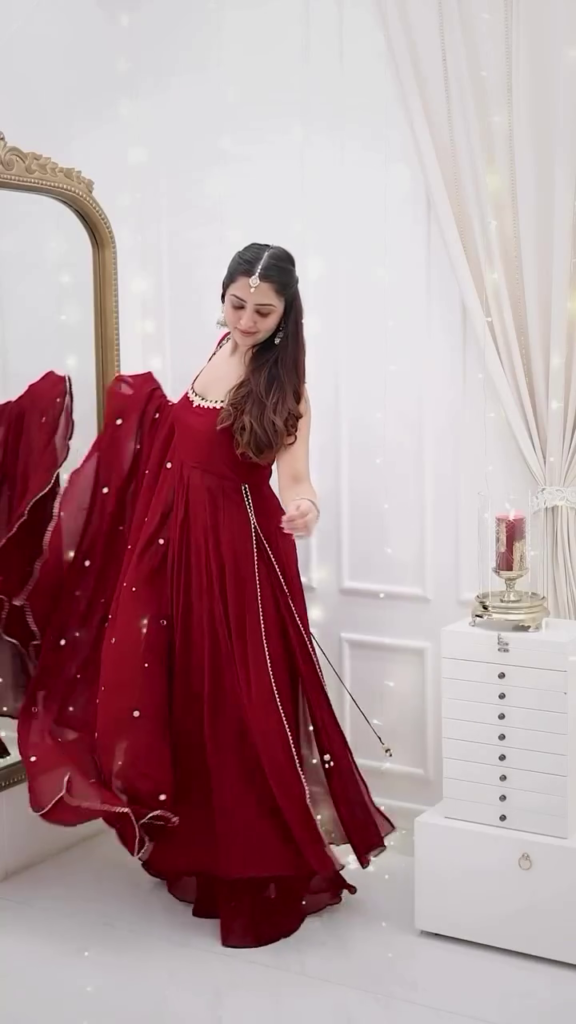 Maroon Mirror Work Flared Anarkali Gown Set with Dupatta - Photo 4