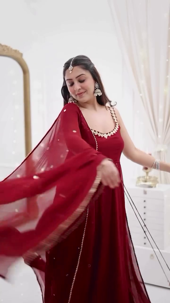 Maroon Mirror Work Flared Anarkali Gown Set with Dupatta - Photo 5