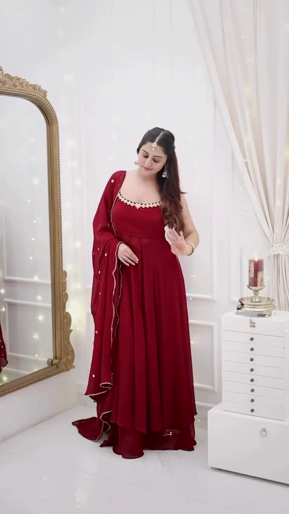 Maroon Mirror Work Flared Anarkali Gown Set with Dupatta - Photo 6