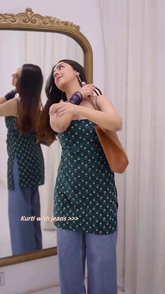 Blue Square Neck Printed Kurti with Full Sleeves - Photo 5