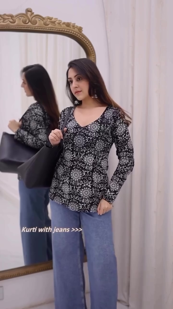 Blue Square Neck Printed Kurti with Full Sleeves - Photo 9