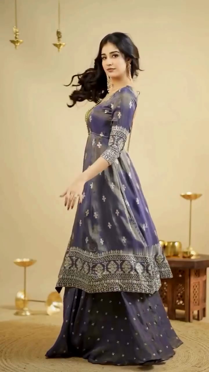 Midnight Blue Mirror Work Lehenga Set with Front-Slit Jacket Blouse - Image 5
