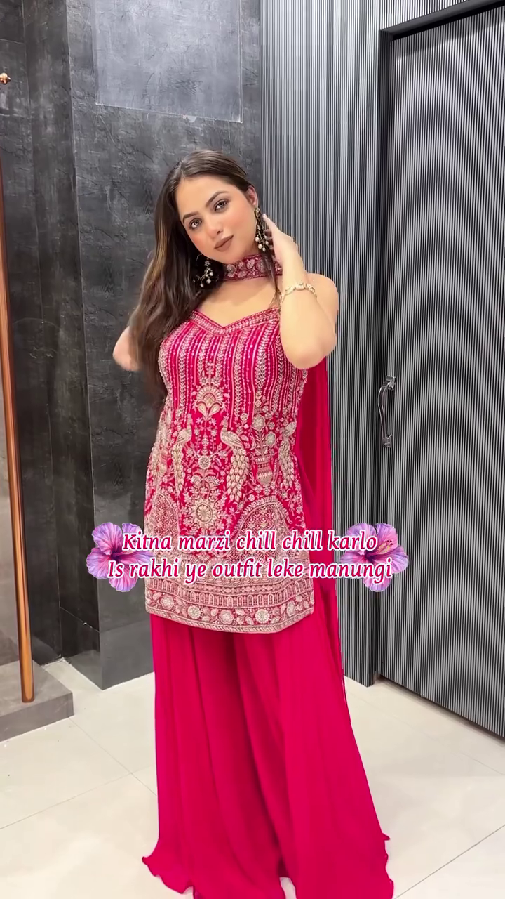 Hot Pink Heavy Embroidered Sharara Suit with Net Dupatta - Image 2