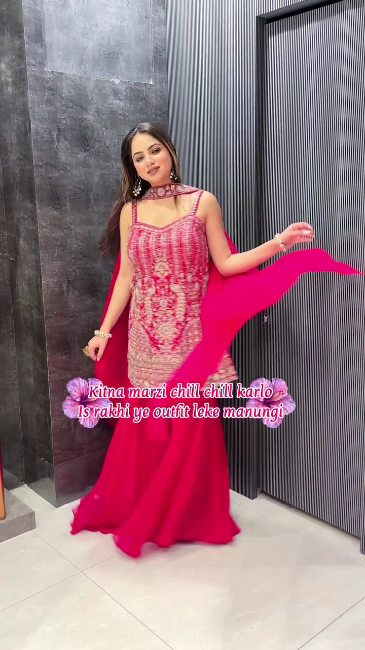 Hot Pink Heavy Embroidered Sharara Suit with Net Dupatta - Image 6