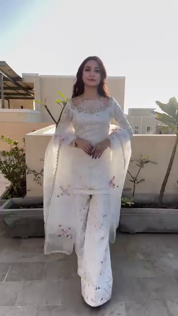 White Floral Embroidered Organza Suit Set with Palazzo and Dupatta - Image 4