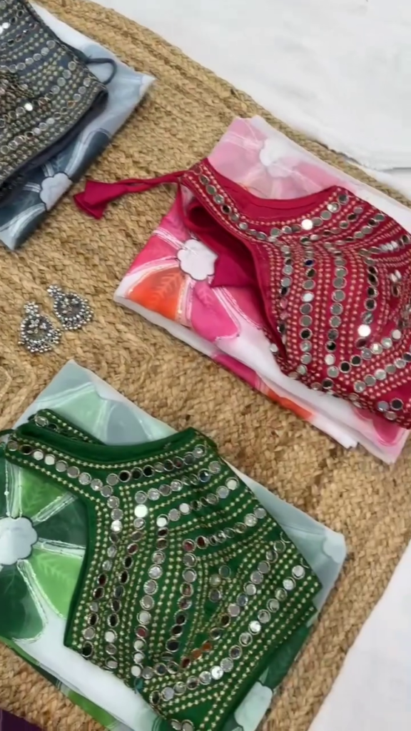 Mirror Work Designer Blouse with Printed Georgette - Photo 4