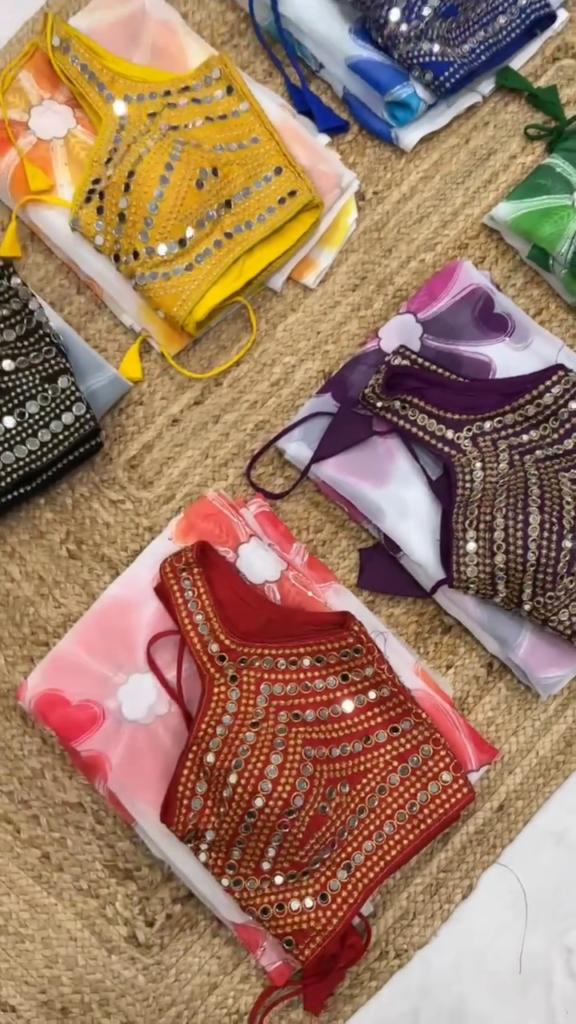 Mirror Work Designer Blouse with Printed Georgette - Photo 6