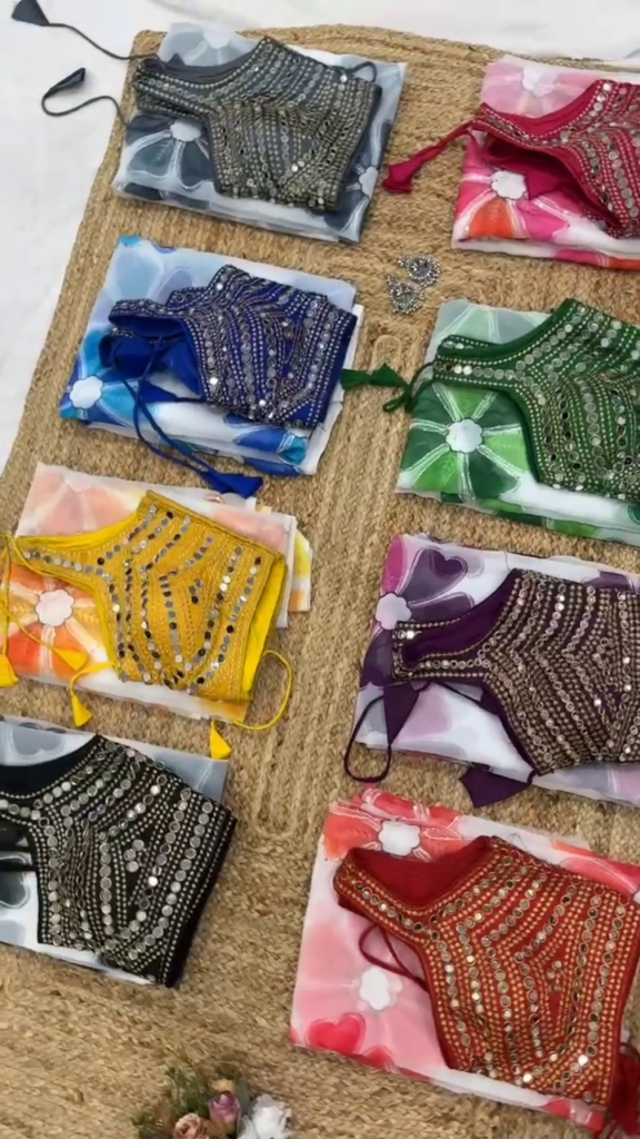 Mirror Work Designer Blouse with Printed Georgette - Photo 1