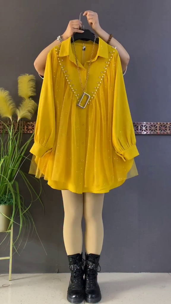 Mustard Yellow Pearl Studded Flared Shirt Top - Photo 1