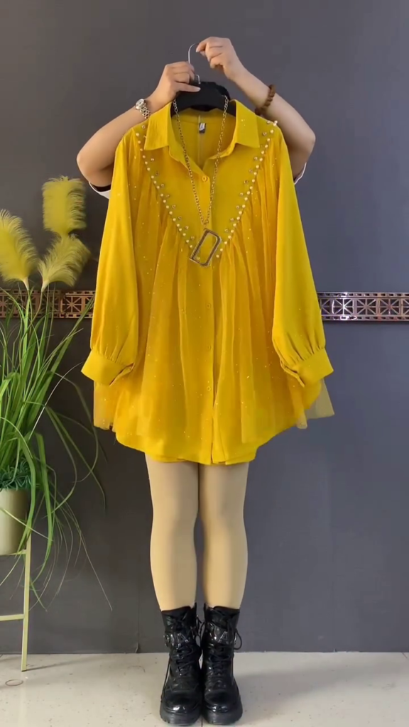 Mustard Yellow Pearl Studded Flared Shirt Top - Photo 2