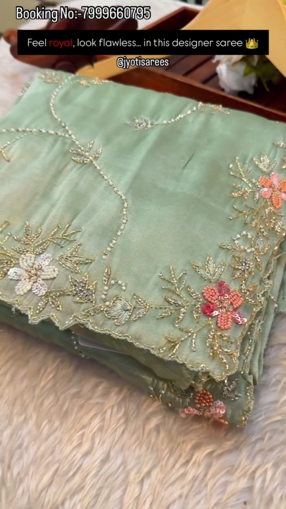 Ivory Pearl Floral Embroidered Designer Saree - Photo 2