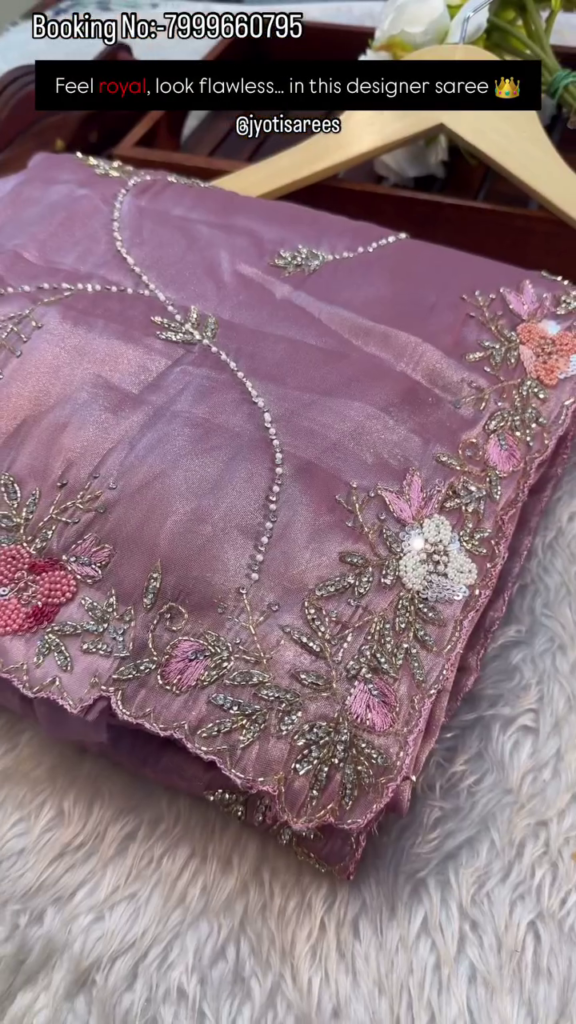 Ivory Pearl Floral Embroidered Designer Saree - Photo 3