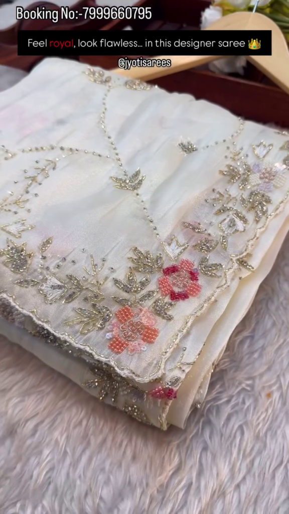Ivory Pearl Floral Embroidered Designer Saree - Photo 4