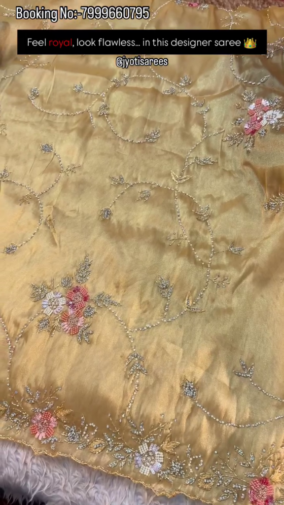 Ivory Pearl Floral Embroidered Designer Saree - Photo 6