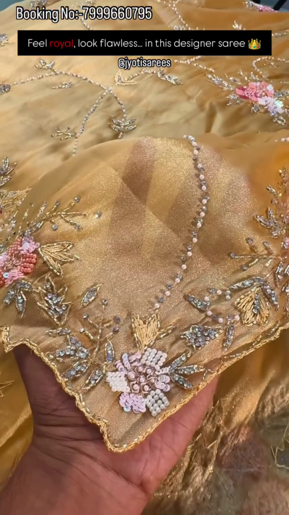 Ivory Pearl Floral Embroidered Designer Saree - Photo 7