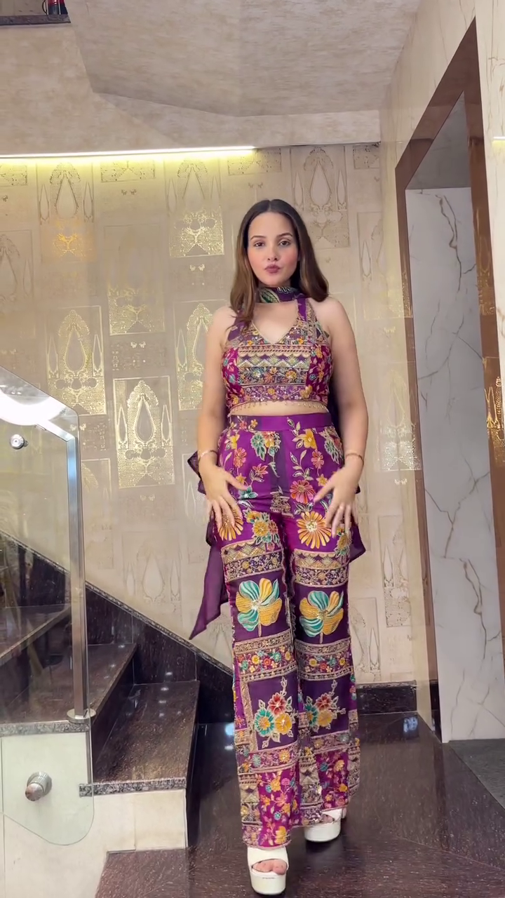 Designer Embroidered Crop Top with Palazzo Set for Women - Image 4