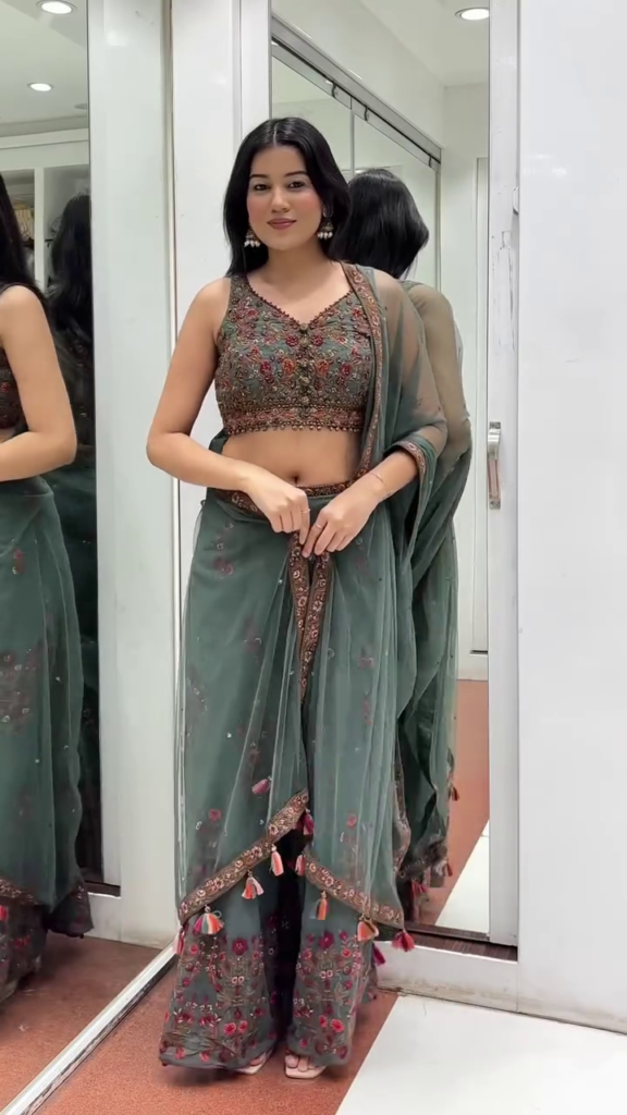 Bottle Green Embroidered Sharara Set with Dupatta - Photo 3