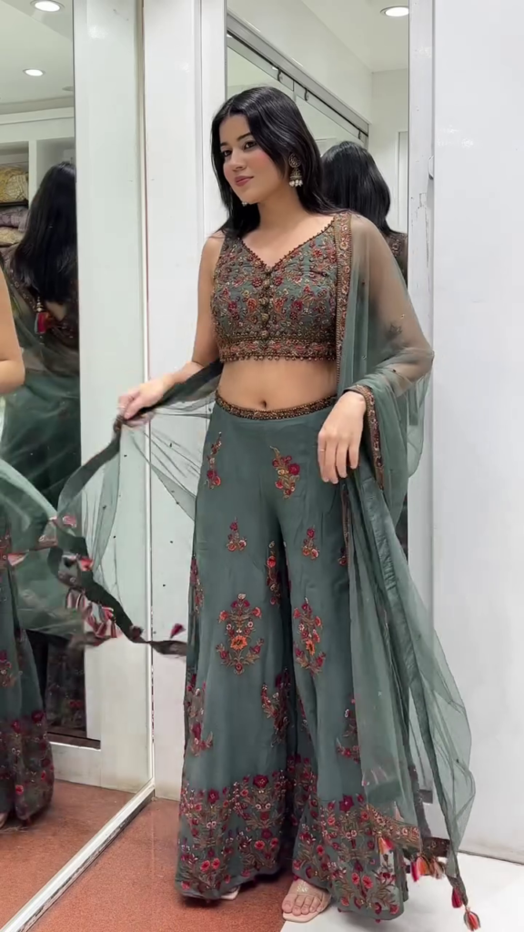 Bottle Green Embroidered Sharara Set with Dupatta - Photo 5
