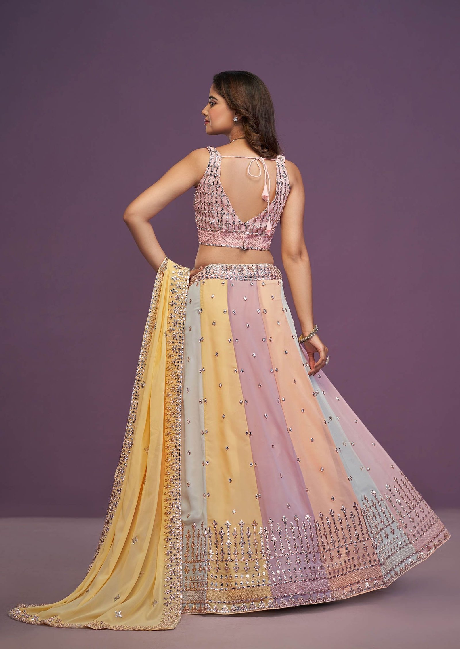 Multicolour Thread Sequin Embroidered Georgette Lehenga Set - Image 2